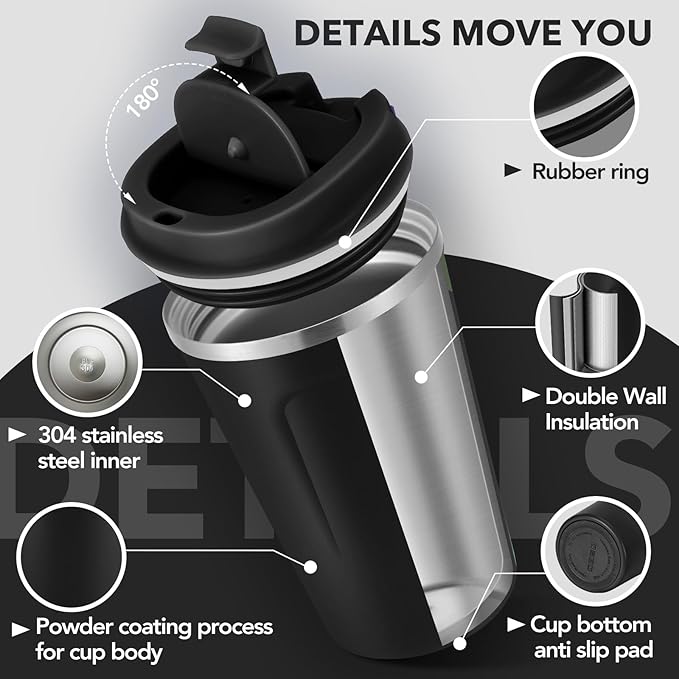 Volhoply 12 oz Double Wall Insulated Vacuum Travel Coffee Mug with Flip Lid Bulk 2 Pack,Reusable Stainless Steel Leak Proof Coffee Cup,Portable Thermal Tumbler for Cold&Hot Drinks(Assort Color,2 Set)