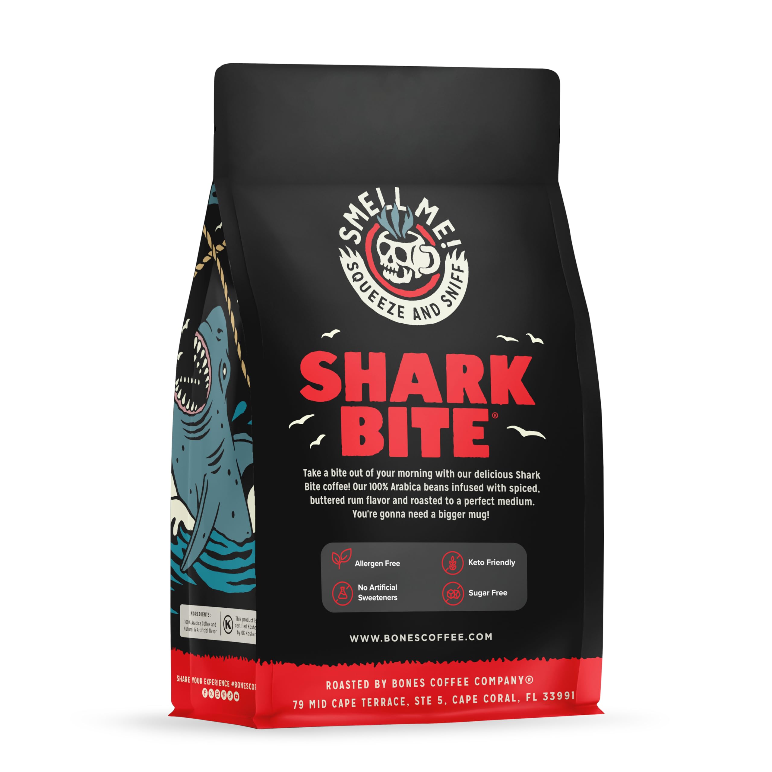 Bones Coffee Company Shark Bite, Buttered Rum Flavored Coffee, Medium Roast Low Acid Arabica Beans Compatible with Auto drip and French Press Coffee Maker, 12 Oz Whole Bean