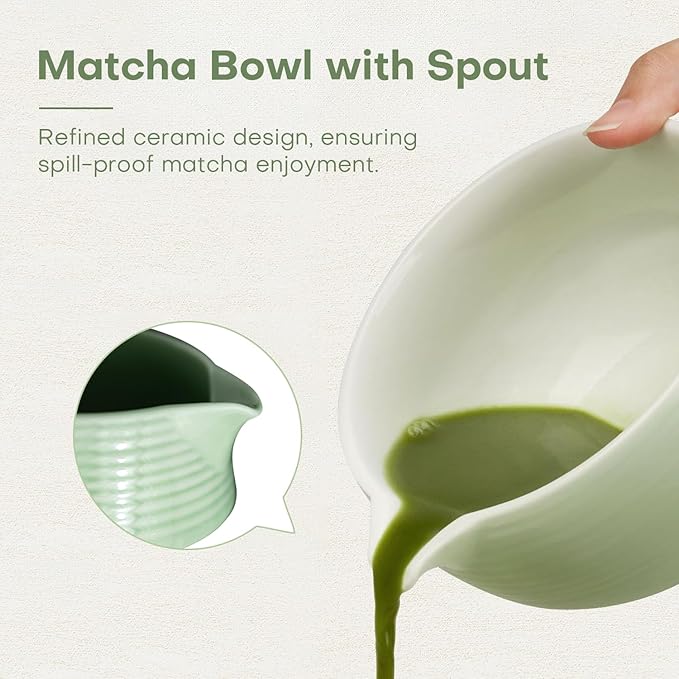 Matcha Whisk Set - 4PCS Matcha Set Includes Matcha Bowl with Spout, Matcha Whisk Holder, Bamboo Whisk and Bamboo Scoop, Ceramic Matcha Kit