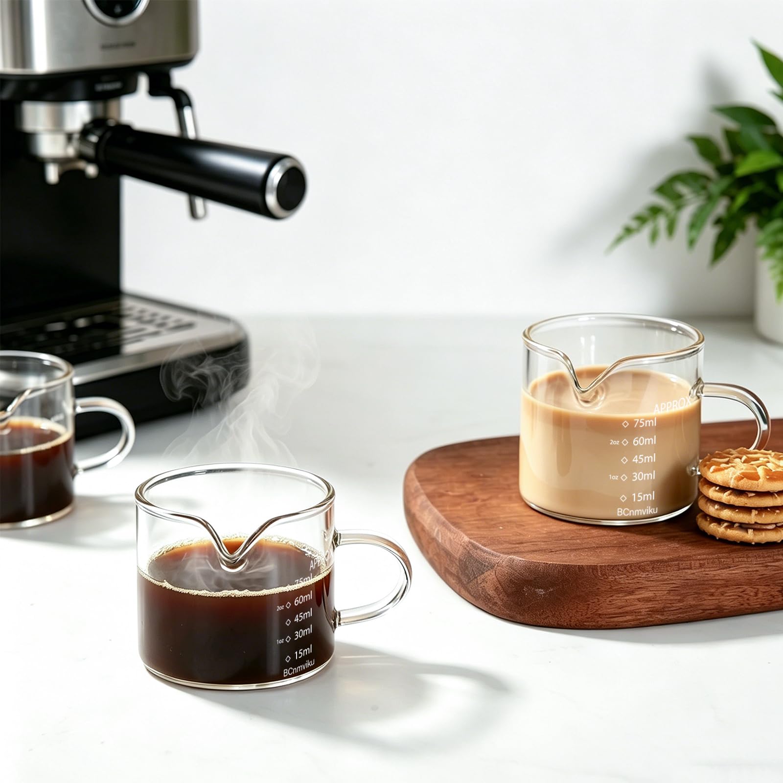 BCnmviku 2 PACK Espresso Glass Measuring Cup Triple Pitcher Milk Cup 75ML Espresso Cups with Handle Shot Glass with V-Shaped Mouth Clear Accessories Milk Frothing Pitcher (2)