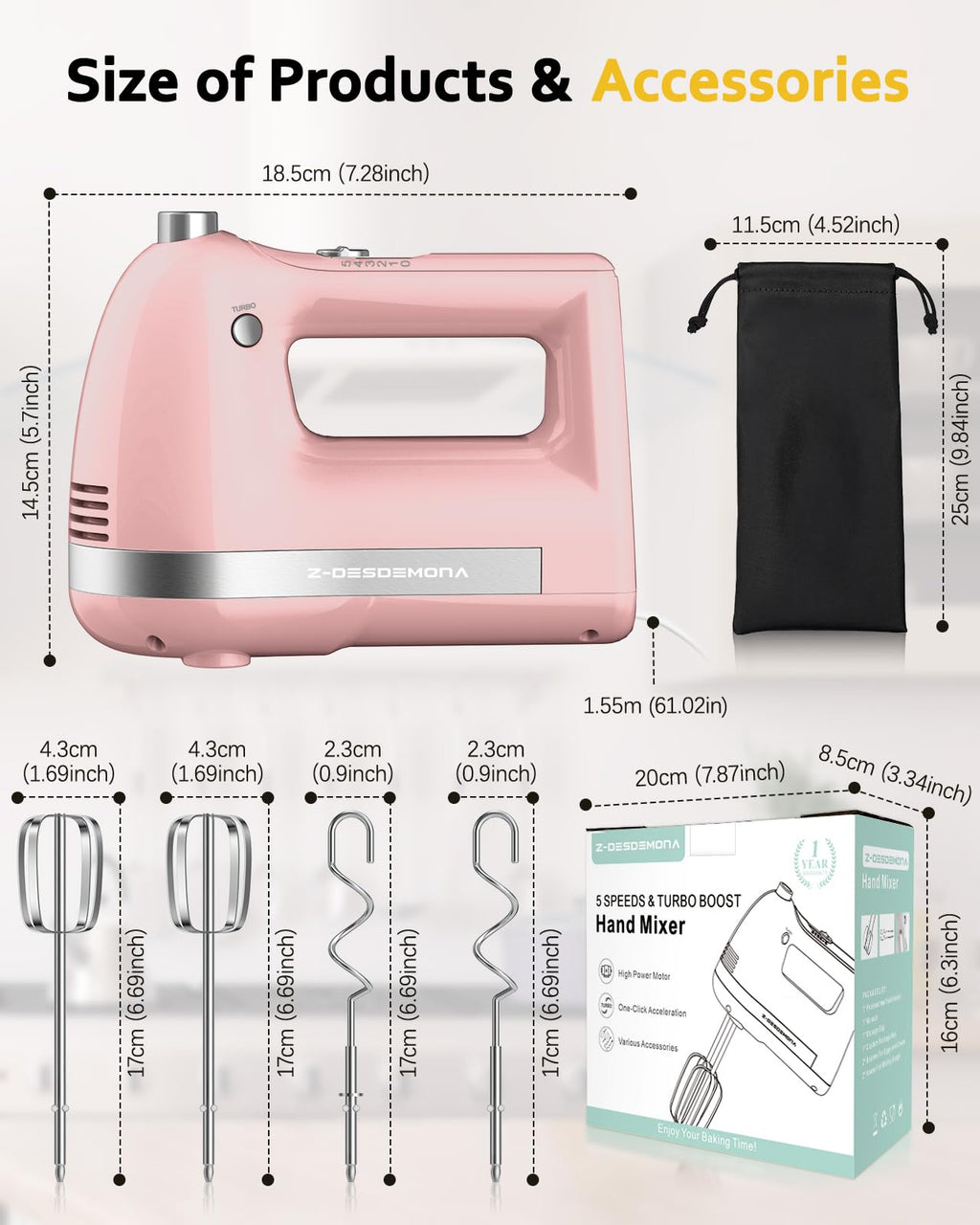 Z-DESDEMONA Electric Hand Mixer, Powerful Hand Mixer Electric Handheld with 304 Beaters, Dough Hook, Whisk, Hand Held Mixer with Turbo for Baking Cakes, Eggs, Cream Food(Pink)