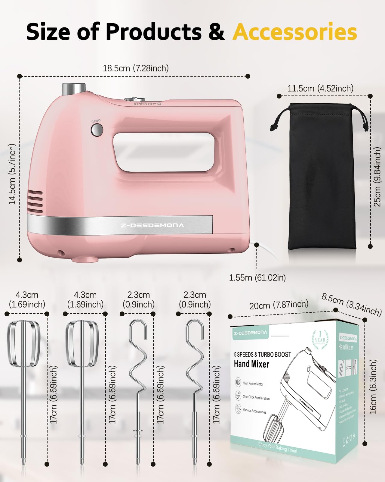 Z-DESDEMONA Electric Hand Mixer, Powerful Hand Mixer Electric Handheld with 304 Beaters, Dough Hook, Whisk, Hand Held Mixer with Turbo for Baking Cakes, Eggs, Cream Food(Pink)