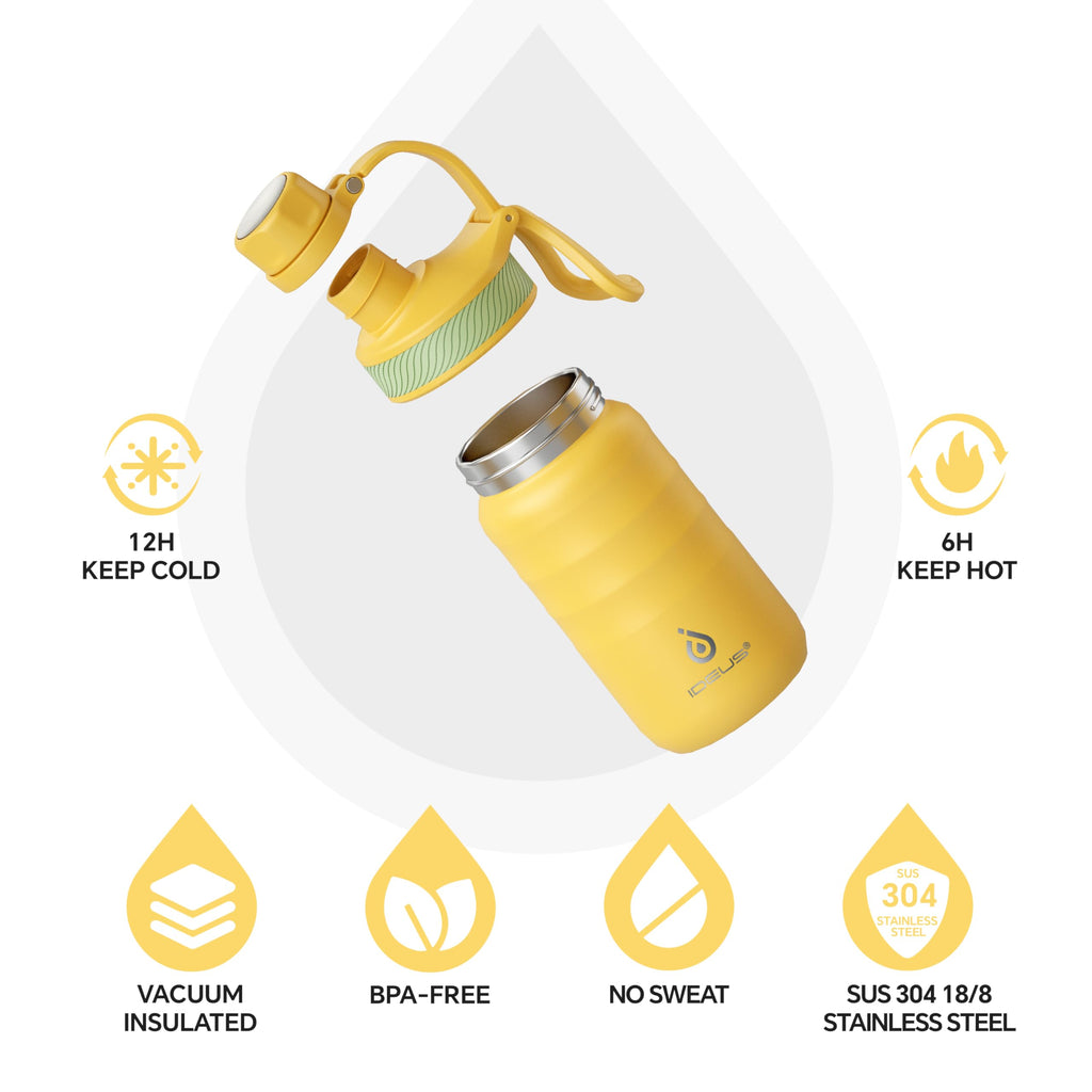 IDEUS Insulated Water Bottle 12oz, Stainless Steel Insulated Water Bottle For School, Insulated Bottles With Straws Leakproof, Vacuum Double Wall Water Bottles For Boys And Girls With 2 Lids, BPA Free