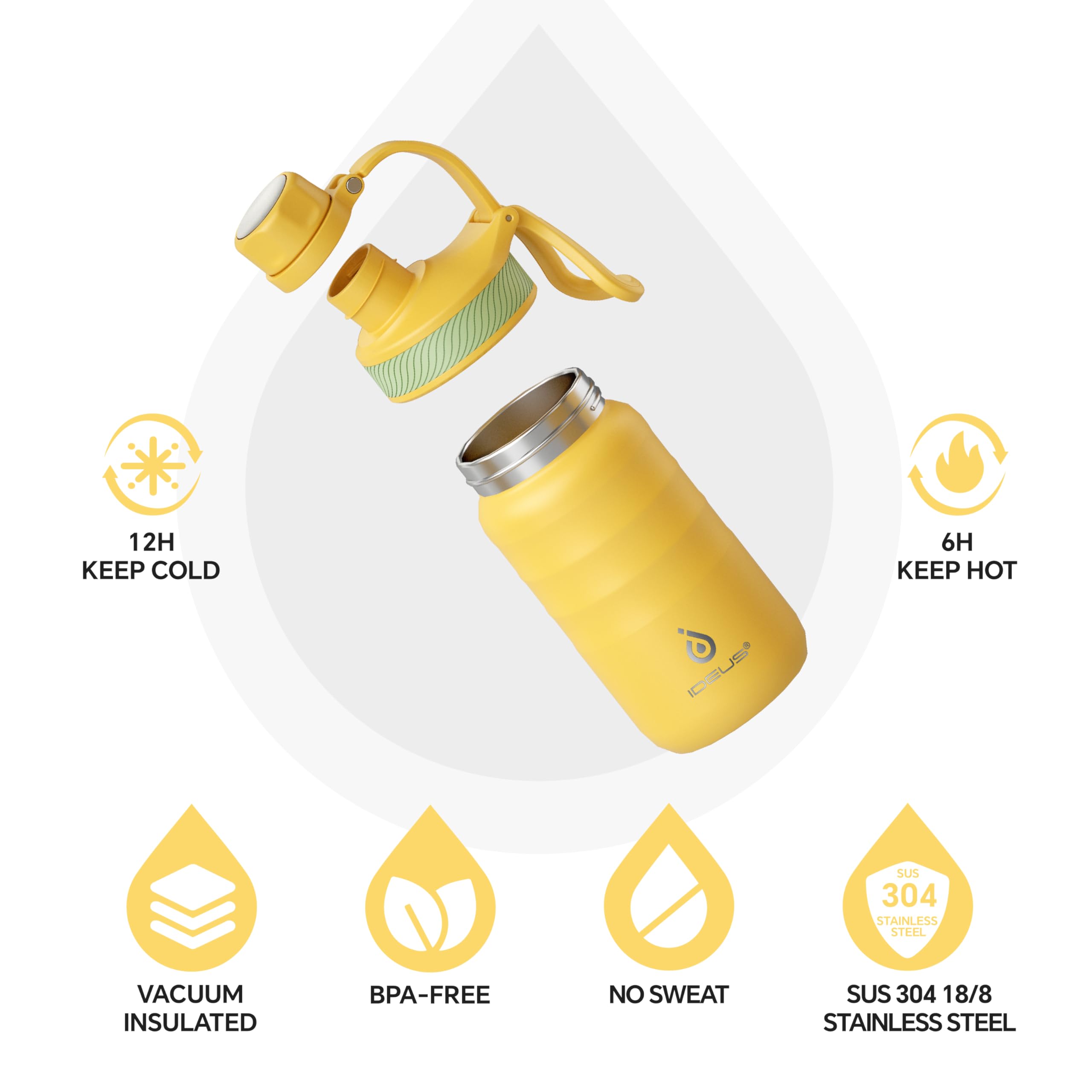 IDEUS Insulated Water Bottle 12oz, Stainless Steel Insulated Water Bottle For School, Insulated Bottles With Straws Leakproof, Vacuum Double Wall Water Bottles For Boys And Girls With 2 Lids, BPA Free