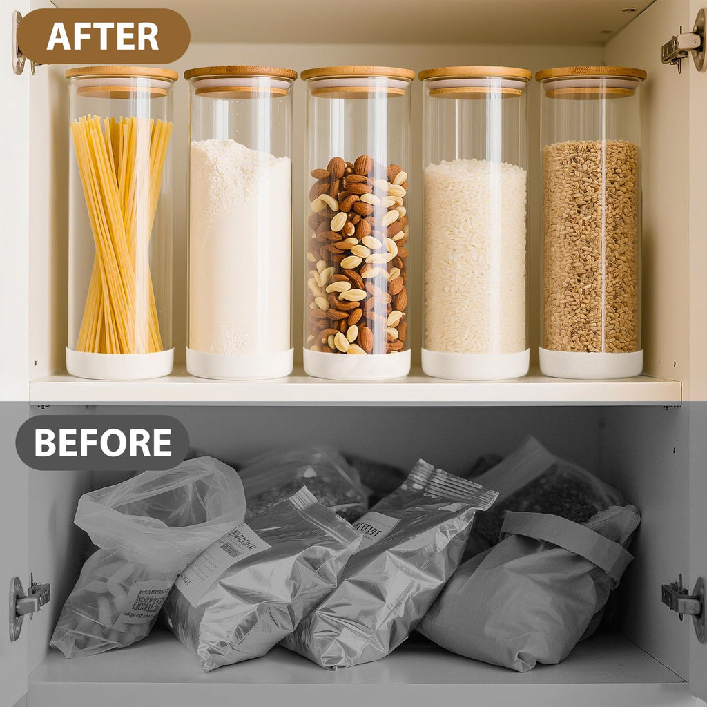 TBWIND 73oz Glass Spaghetti Pasta Containers for Pantry Organization, 3-Pack Large Airtight Food Jars with Bamboo Lids and Protective Silicone Base, Clear Storage Canisters for Flour, Cereal, Rice