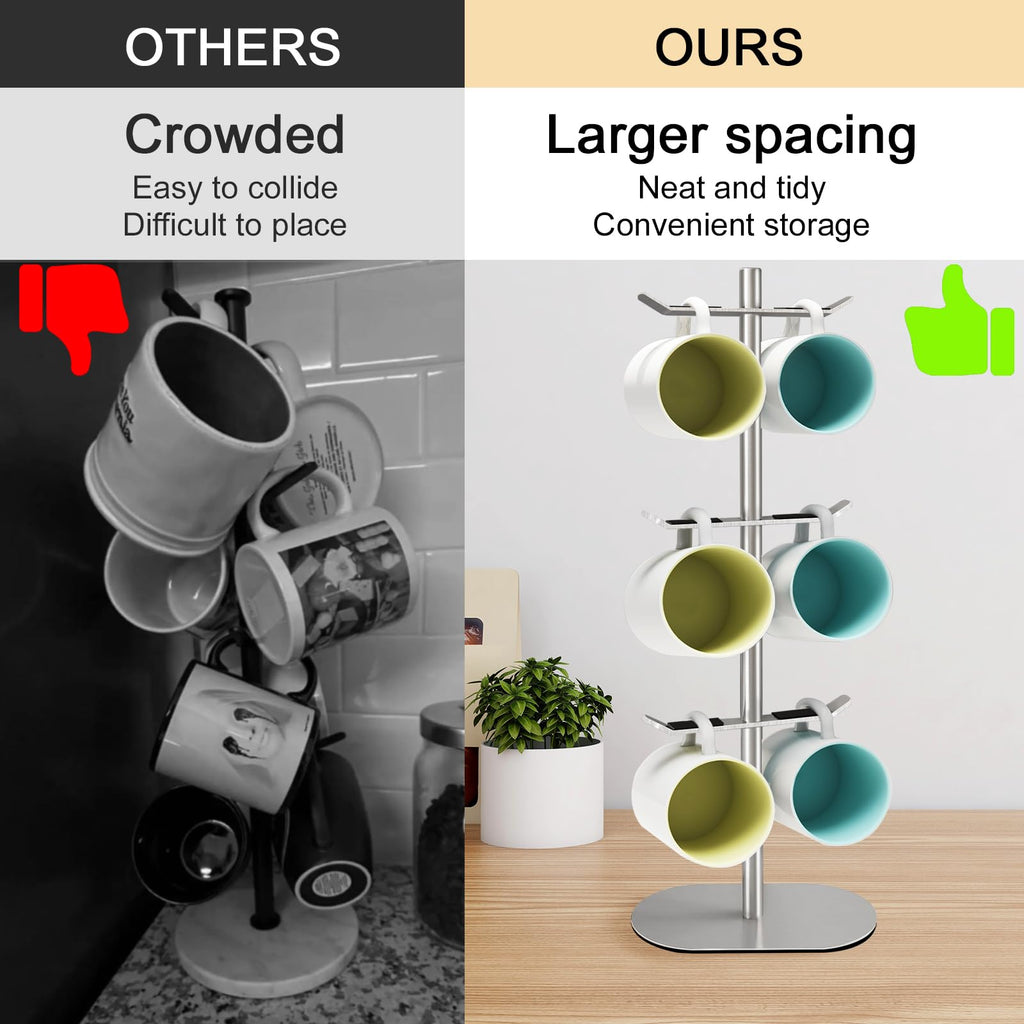 XEENEW Mug Holder Tree, Coffee Cup Holder with 6 Hooks, Coffee Mug Rack, Metal Mug Tree for Counter, Mug Holder Stand Coffee Mug Hanger(Brushed Nickel)