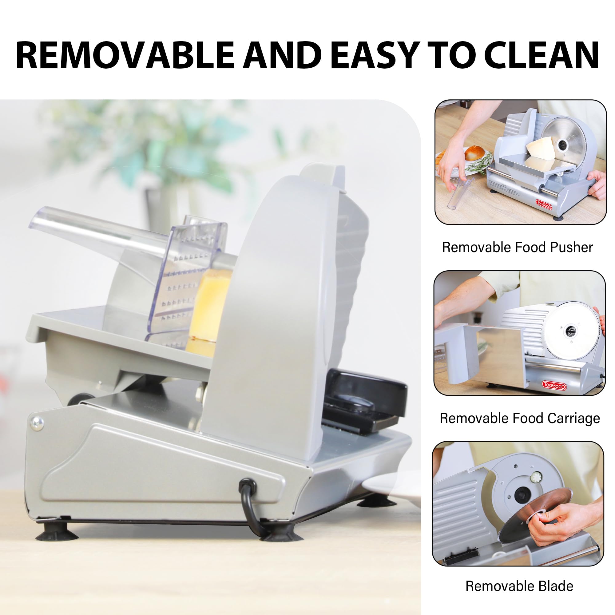 TOOGOOD 7.5" Electric Meat Slicer, Food Slicer Machine with Stainless Steel Blade, Adjustable Thickness for Home Use, Easy to Clean, Cuts Meat, Ham,Hard Cheese and Deli (Sliver)