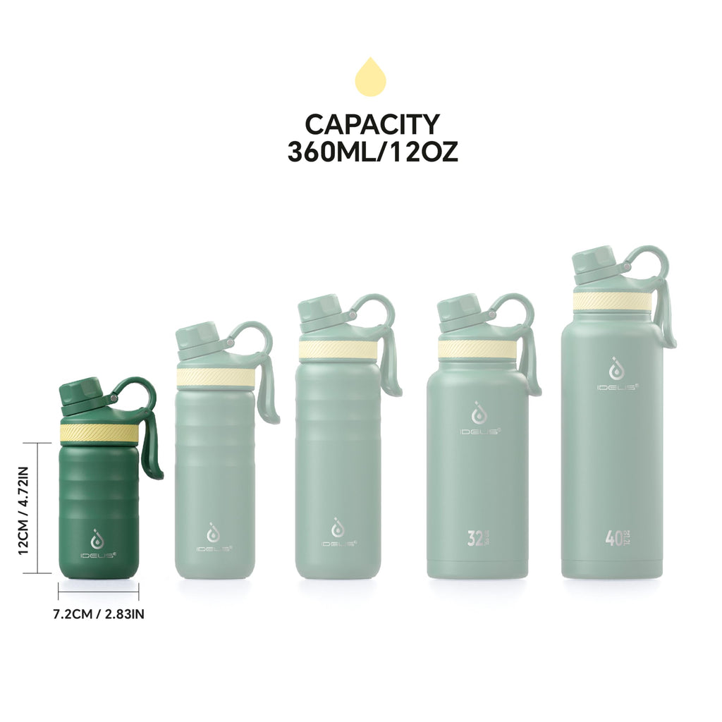IDEUS Insulated Water Bottle 12oz, Stainless Steel Insulated Water Bottle For School, Insulated Bottles With Straws Leakproof, Vacuum Double Wall Water Bottles For Boys And Girls With 2 Lids, BPA Free