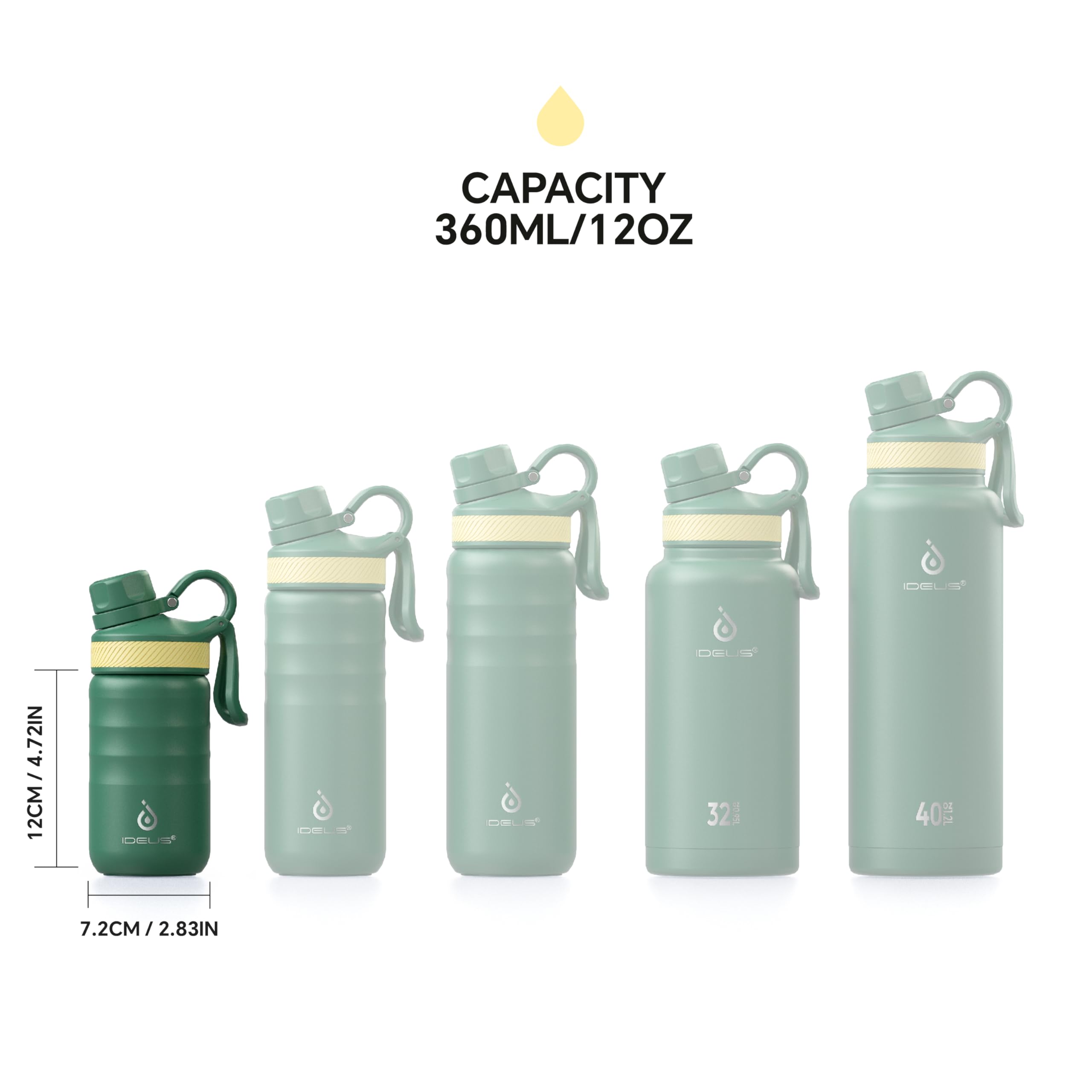 IDEUS Insulated Water Bottle 12oz, Stainless Steel Insulated Water Bottle For School, Insulated Bottles With Straws Leakproof, Vacuum Double Wall Water Bottles For Boys And Girls With 2 Lids, BPA Free