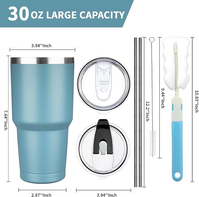 30 oz Tumbler with Lids and Straws, Stainless Steel Insulated Coffee Tumbler, Double Wall Vacuum Insulated Travel Mug Cup, Leakproof Thermal Coffee Cup for Hot and Cold Drinks (Azure Blue)