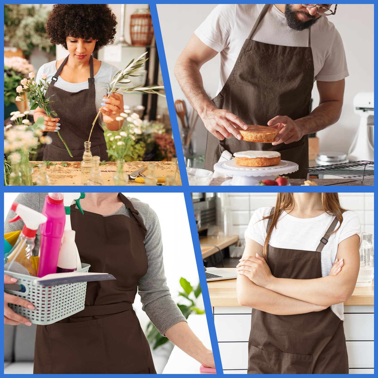 FunChaos 4 Pack Chef Apron, Adjustable Apron with 2 Pockets, Unisex Personalised Apron for Cooking, Kitchen, Restaurant (Brown)