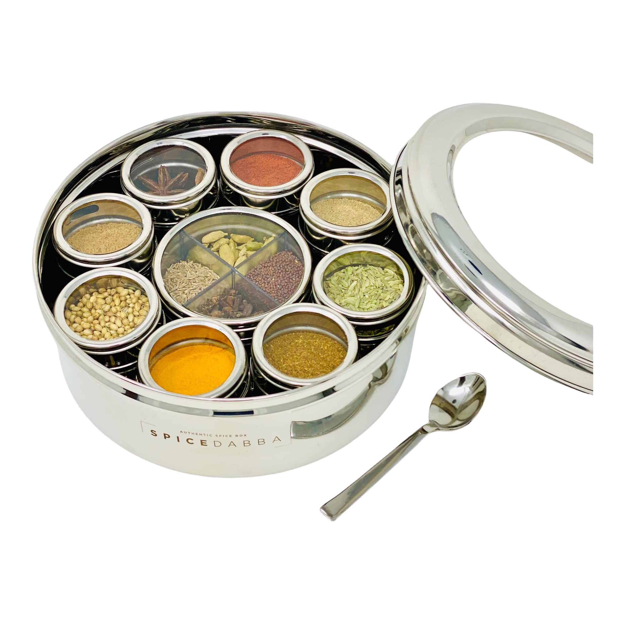 spice dabba Stainless Steel Indian Spice Box, Steel Masala Dabba 12 Spices, Lid Spice Box, Authentic Spices, Masala Box with Individual containers | Size 9 x 9 x 3 IN (Indian Spice Box Only)