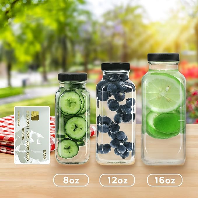 STARSIDE 12 oz Glass Juice Bottles with Lids 6 Pack - Square Reusable Drinking Jars for Juicing, Milk, Kombucha - Includes 1 Bottle Brush, 6 Colored Labels