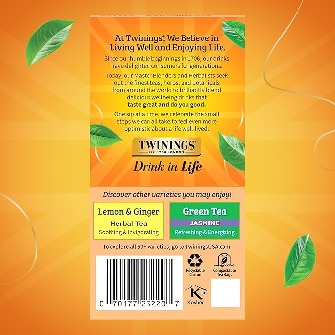 Twinings Peach & Orange Herbal Tea Individually Wrapped Bags, 20 Count (Pack of 6), Juicy & Fruity, Naturally Caffeine-Free, Enjoy Hot or Iced, 120 Teabags