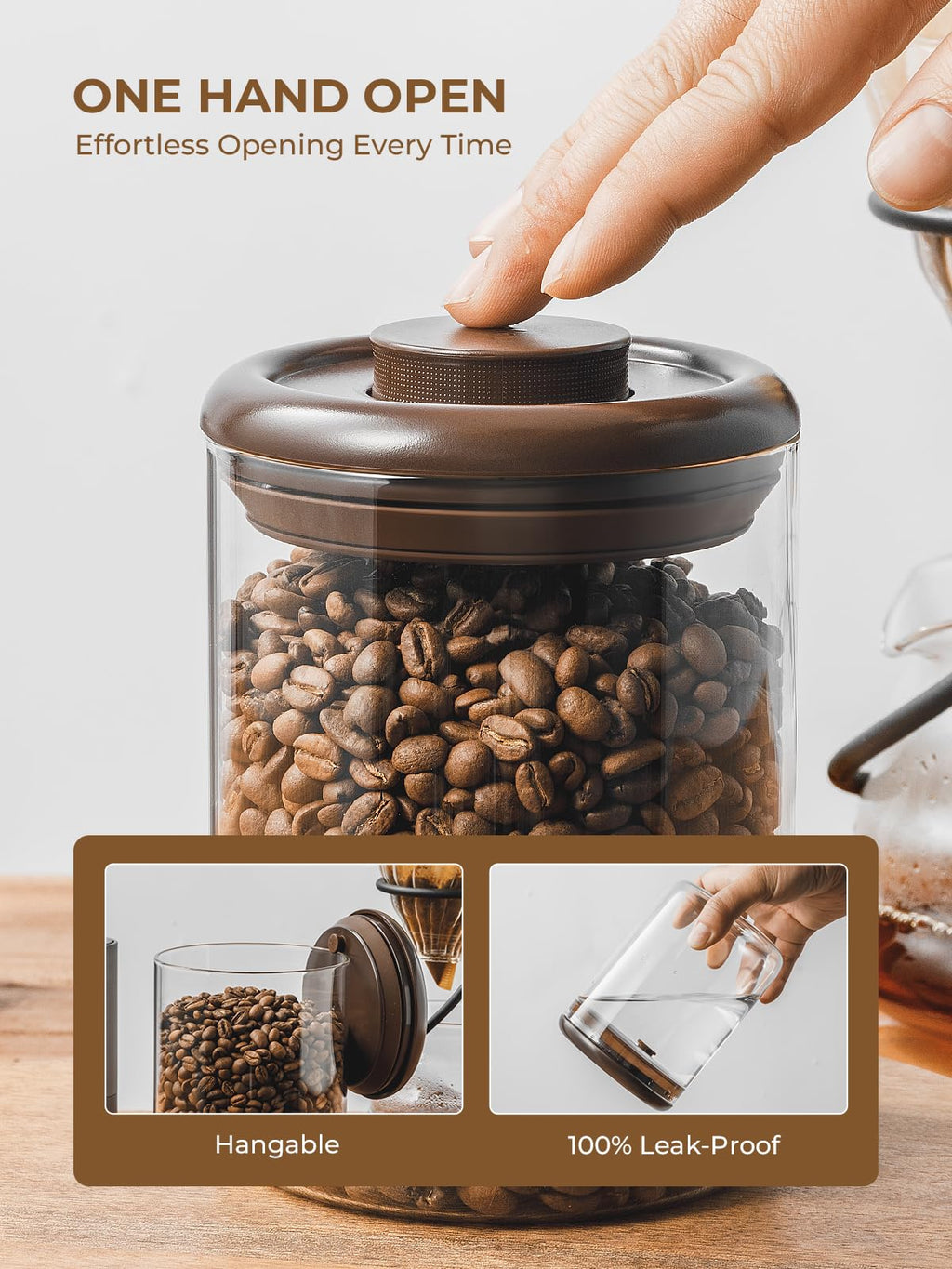 Tourdeus Glass Coffee Bean Jar – Pop Top Air Tight Coffee Bean Container with CO2 Valve, 10 oz Coffee Storage Airtight Canister, 0.63lb