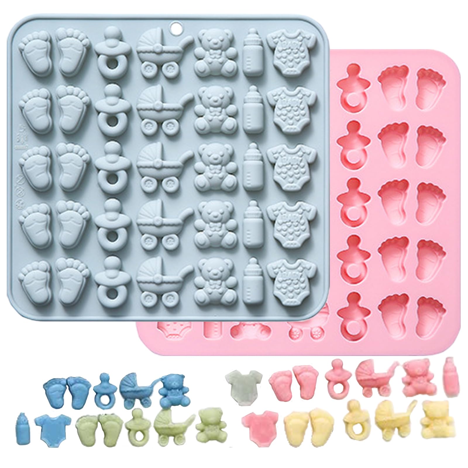 Baby Chocolate Mold Set Silicone Baking Molds with Footprint, Stroller, Reusable for Newborn Cakes, Diaper Party Treats Baby Favors - 2 Pack