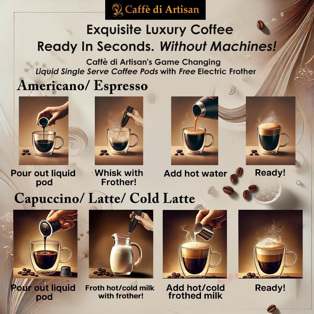 Caffè di Artisan Liquid Coffee Pods – Premium Single-Serve Coffee for Cold Brew concentrate, Iced Coffee & Hot Coffees – Machine-Free, Eco-Friendly, Ready in Seconds. Rich; Asmara with Frother; Arabica; Medium Roast – 24 Count