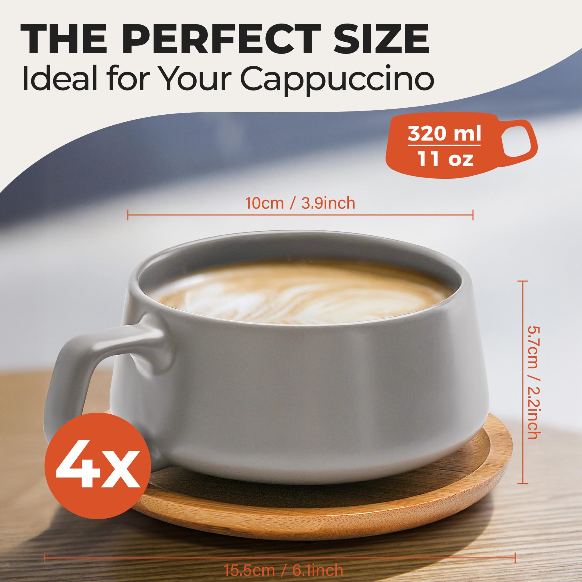 MIAMIO - Cappuccino Cup Set of 4, Ceramic (9.5oz) - Luxe (Classic Pastel)
