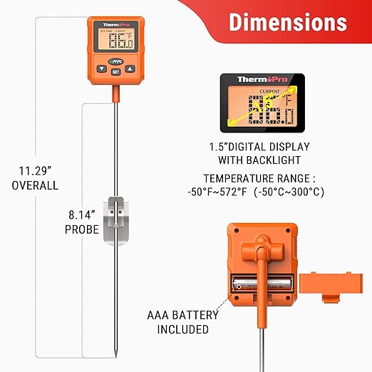 ThermoPro TP511 Digital Candy Thermometer with Pot Clip, Programmable Instant Read Food Meat Thermometer with 10'' Long Probe for Smoker Baking Grilling Candle Liquid Oil Deep Fry Thermometer
