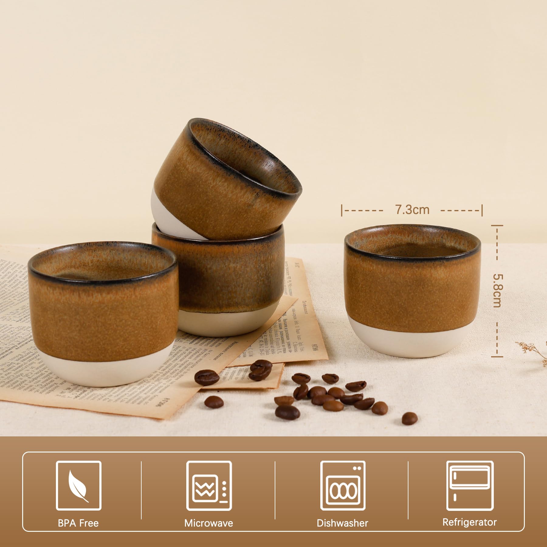 ZEBERBO Ceramic Espresso Cups Set of 4, Double Walled Espresso Coffee Mugs for Nespresso Cups, Special glazed Demitasse Cups Expresso Coffee Cup for Espresso Machine (Brown)