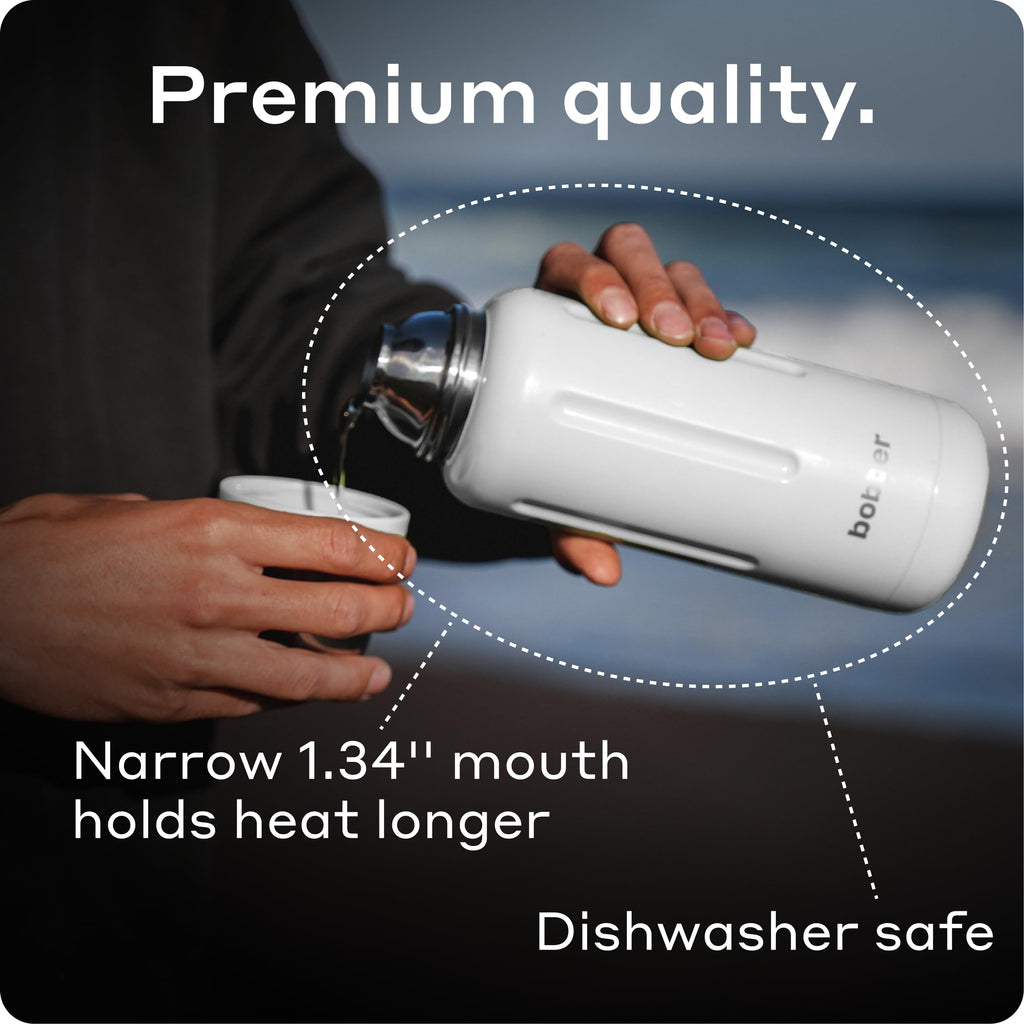 BOBBER 34 oz Stainless Steel Travel Thermo Bottle for Hot and Cold Drinks – Dishwasher Safe Metal Water Bottle with Cup Lid – Keeps Hot for 48 Hours – BPA-Free, Vacuum Insulated (White)