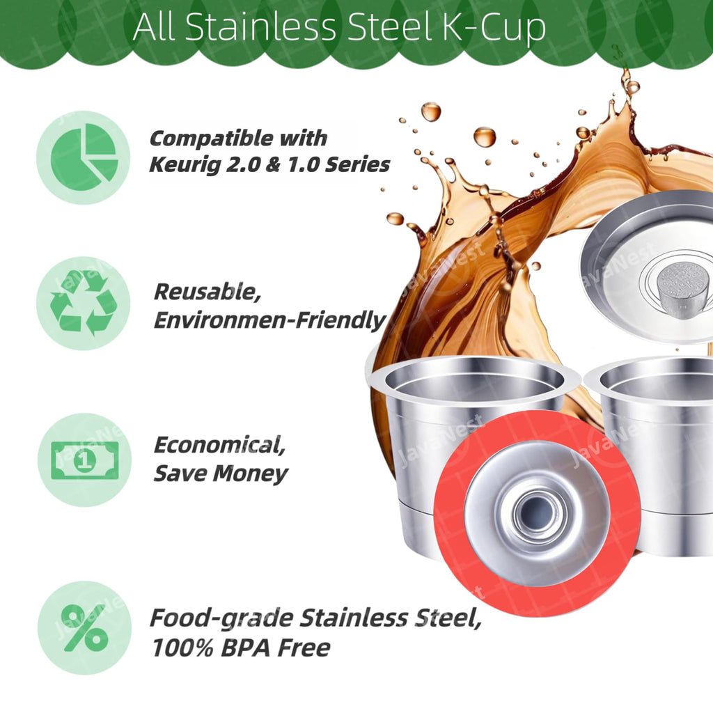 JavaNest 6 Pack Reusable K Cups for Keurig 2.0 & 1.0, Stainless Steel Reusable Coffee Pods for Keurig, Reusable Pods, Refillable Coffee Filter with Scoop & 6 Extra Seals (6 * new for Keurig 2.0 & 1.0)