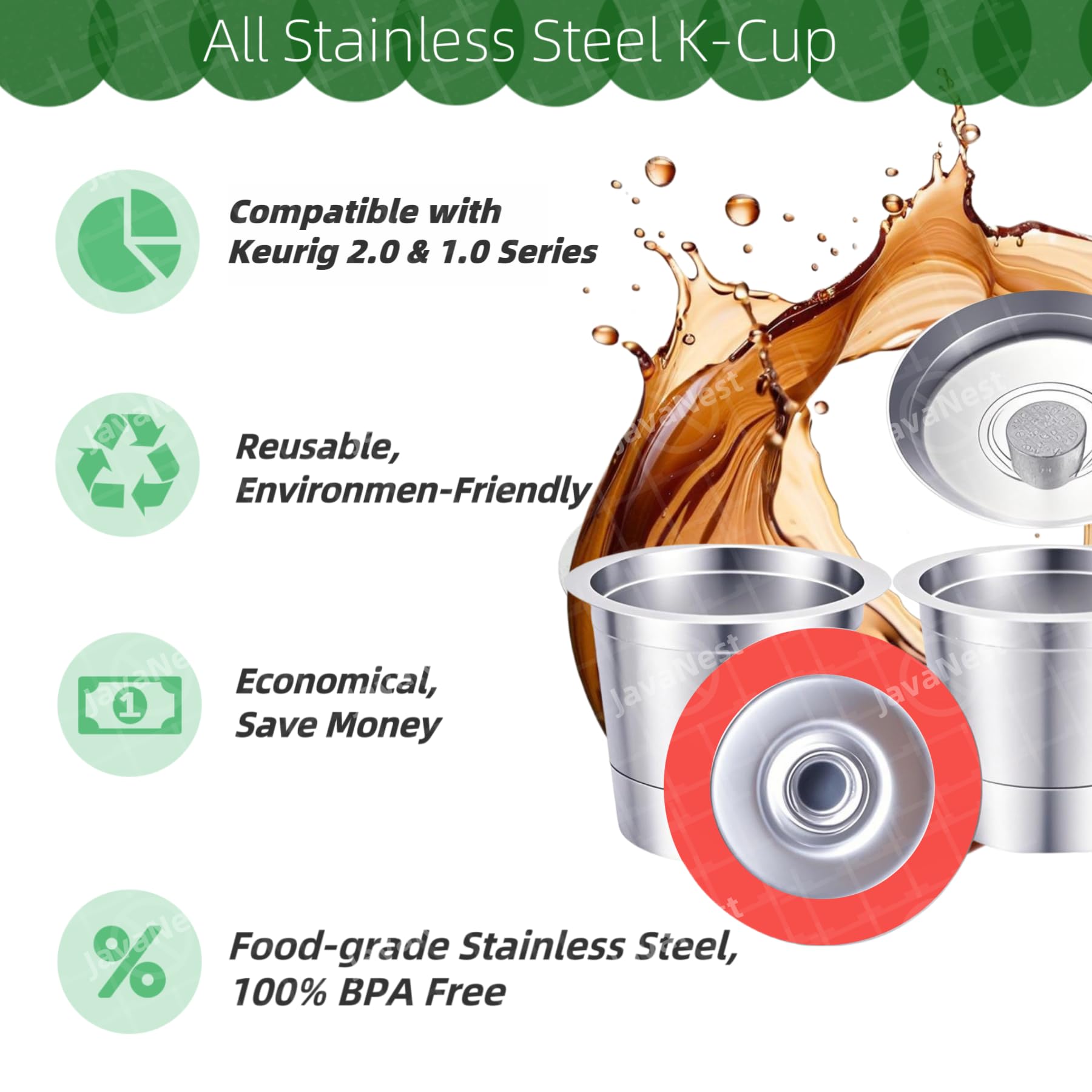 JavaNest 6 Pack Reusable K Cups for Keurig 2.0 & 1.0, Stainless Steel Reusable Coffee Pods for Keurig, Reusable Pods, Refillable Coffee Filter with Scoop & 6 Extra Seals (6 * new for Keurig 2.0 & 1.0)