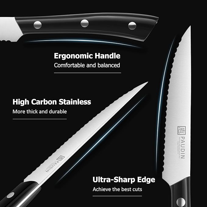 PAUDIN Steak Knives, Steak Knife Set of 8, Razor-Sharp Kitchen Knife Set 4.5 inch, High Carbon Stainless Steel Serrated Steak Knives Set for Kitchen, Full Tang ABS Handle