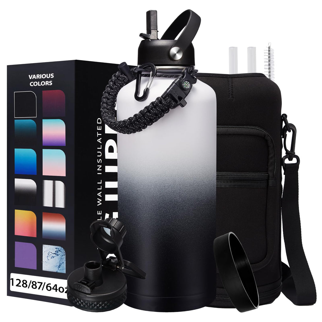 128OZ Insulated Water-Bottles with Strap - 1 Gallon Large Water Jug with Straw & Spout Lid, Stainless Steel Water Bottle Leak Proof, Cold-48h Hot-24h Metal Water Flask w/Paracord Handle, Carrier Bag