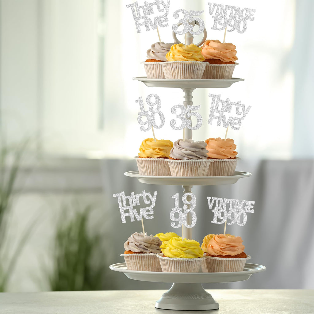 Gyufise 24Pcs Happy 35th Birthday Cupcake Toppers Glitter Thirty Five 35 Fabulous Vintage 1990 Cupcake Picks for 30th Birthday Wedding Anniversary Party Cake Decorations Supplies Rose Gold