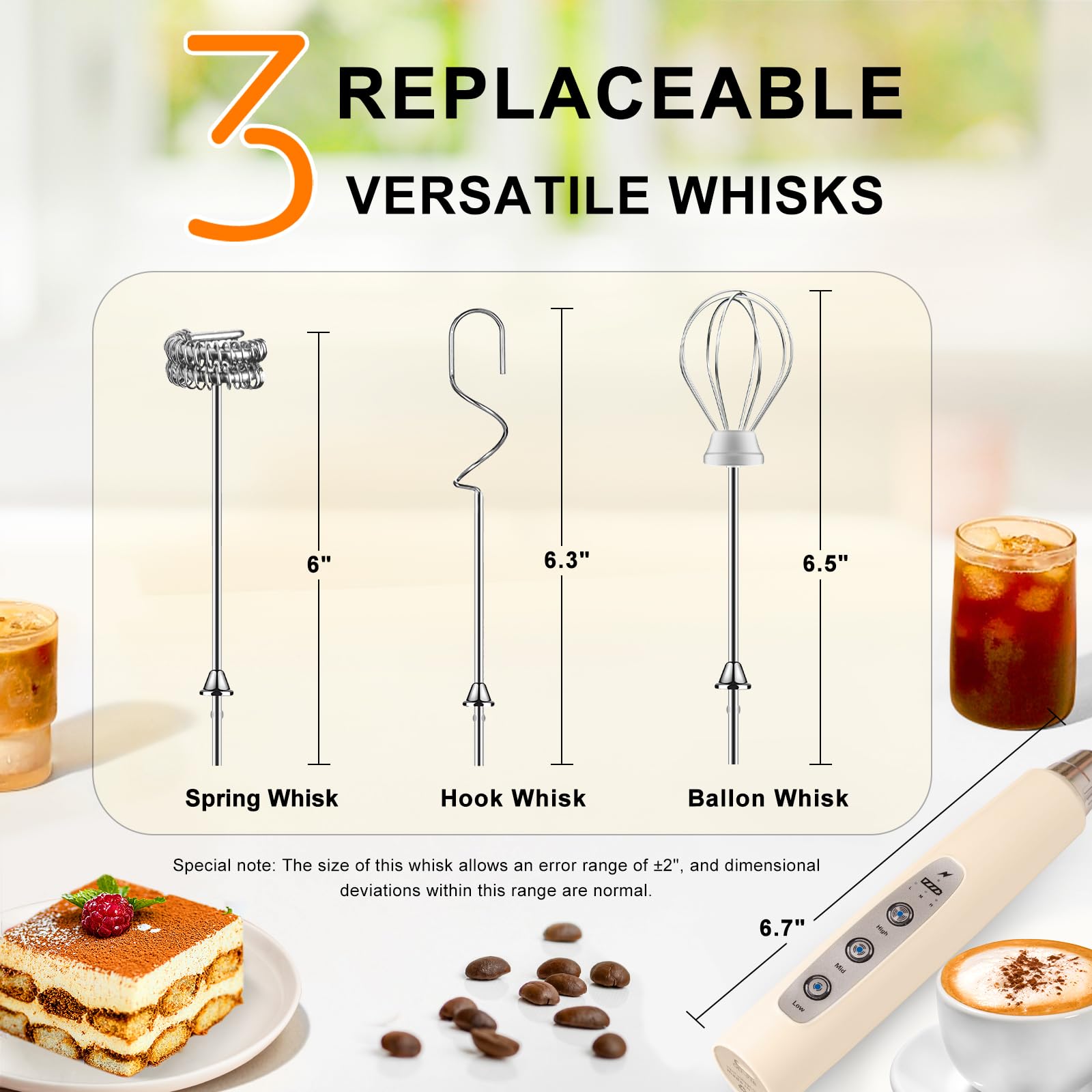 YUSWKO Handheld Milk Frother Wand for Coffee, Rechargeable Electric Whisk with 3 Heads 3 Speeds Drink Mixer Coffee Frother For Latte, Cappuccino, Hot Chocolate, Egg, Beige