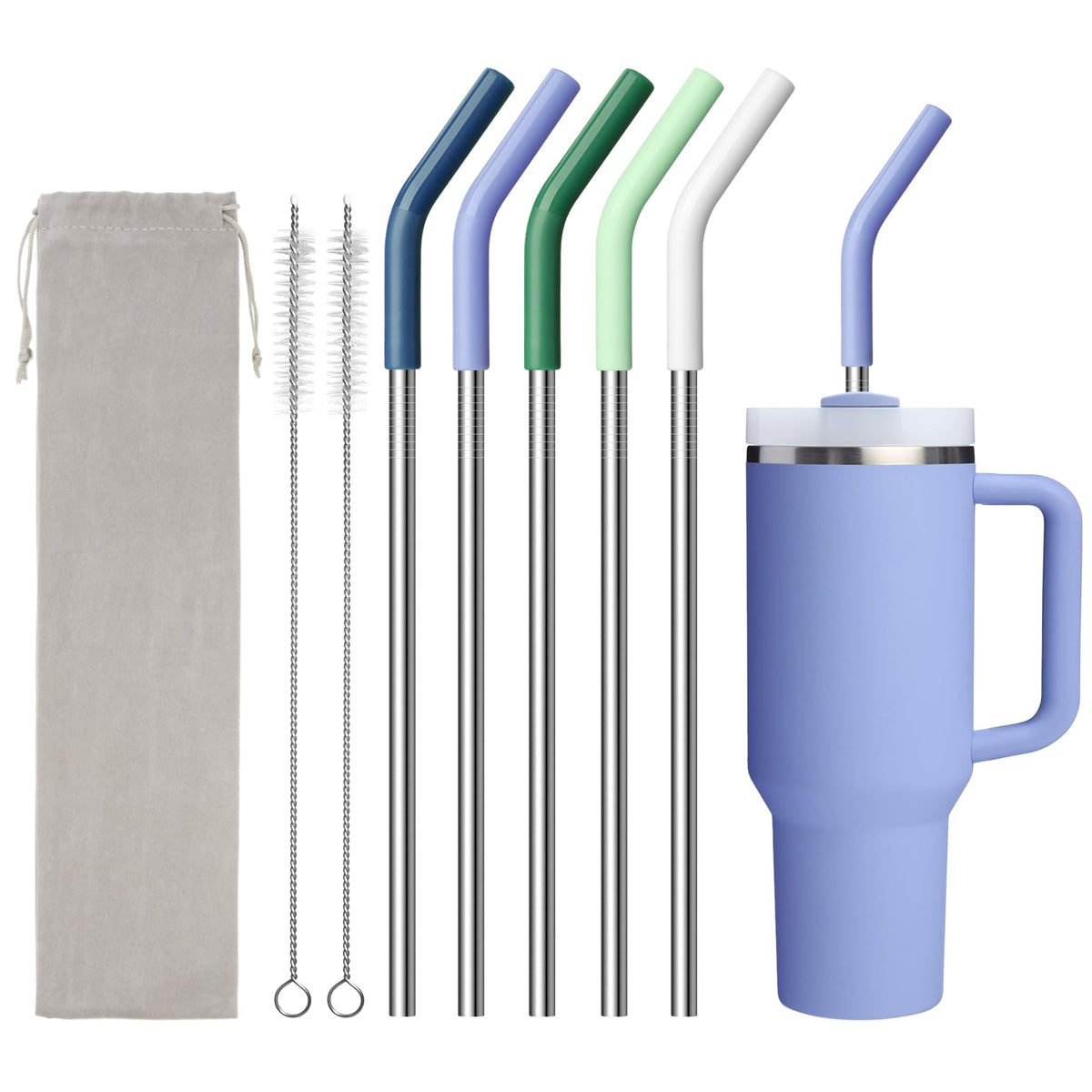Diumepo Metal Straws for 20 oz YETI, Stanley Cup, 5 Pcs Stainless Steel Straws with Silicone Tip for Simple Modern CIVAGO, ALBOR, BJPKPK 20 oz Tumbler, Cleaning Brush, 1 Portable Bag