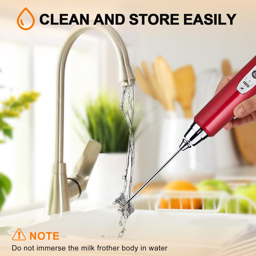 YUSWKO Handheld Milk Frother Wand for Coffee, Rechargeable Electric Whisk with 3 Heads 3 Speeds Drink Mixer Coffee Frother For Latte, Cappuccino, Hot Chocolate, Egg, Red
