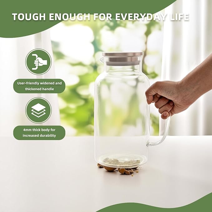 Glass Pitcher, 1 Gallon/3.8L Glass Water Pitcher with Lid and Spout, Heat/Cold Resistant Borosilicate Glass Water Carafe for Coffee, Juice and Homemade Beverage