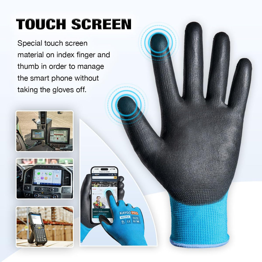 KAYGO Safety Work Gloves, PU Coated, 2-Finger Touchscreen, KG11P