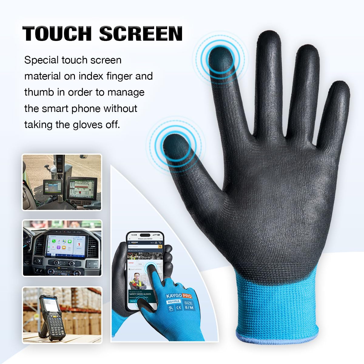 KAYGO Safety Work Gloves, PU Coated, 2-Finger Touchscreen, KG11P