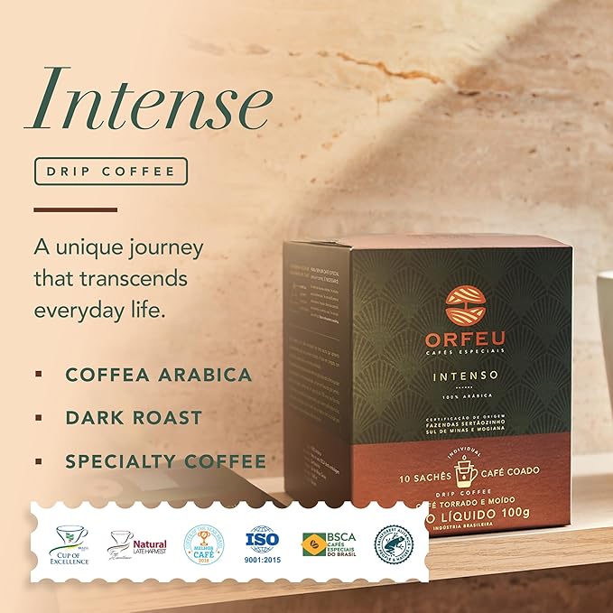 ORFEU - Special Coffee Intense - Drip Sachet - 100% Arabica Coffee, Dark Roast, Aroma of Toasted Caramel & Fruit Jam, Low Acidity, Made In Brazil, Velvety Body - 10 Units, 100g (Pack of 2)