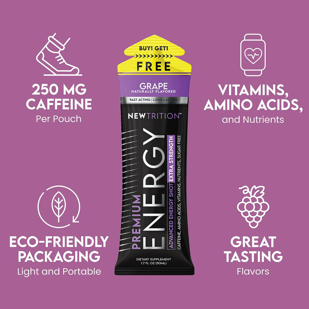 NewTrition® Extra Strength Energy Shots, 1.7 fl oz - 250mg Caffeine with Vitamin B & Amino Acids, Sugar-Free, Zero Calorie Vitamin Energy Drink for Focus & Endurance (Pack of 24, Grape)