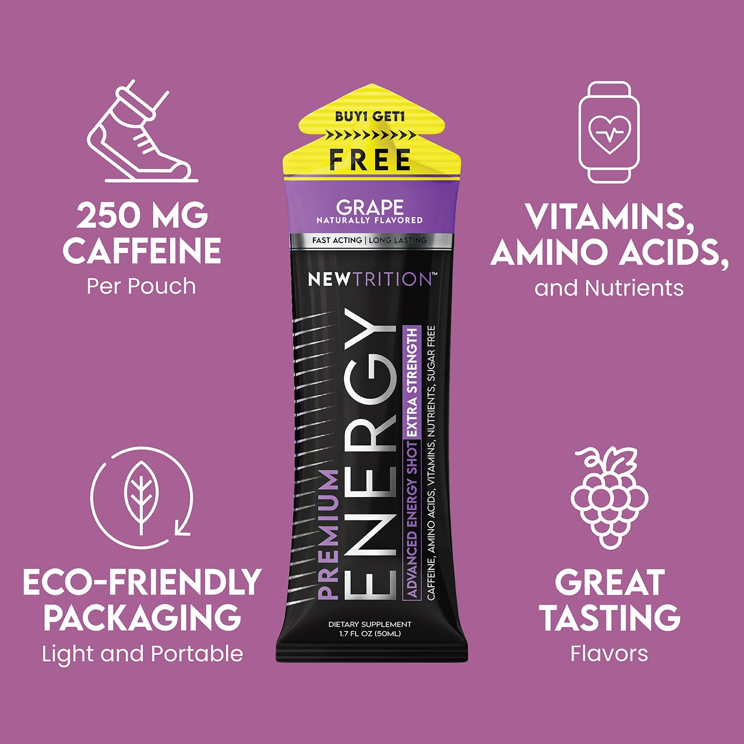 NewTrition® Extra Strength Energy Shots, 1.7 fl oz - 250mg Caffeine with Vitamin B & Amino Acids, Sugar-Free, Zero Calorie Vitamin Energy Drink for Focus & Endurance (Pack of 24, Grape)