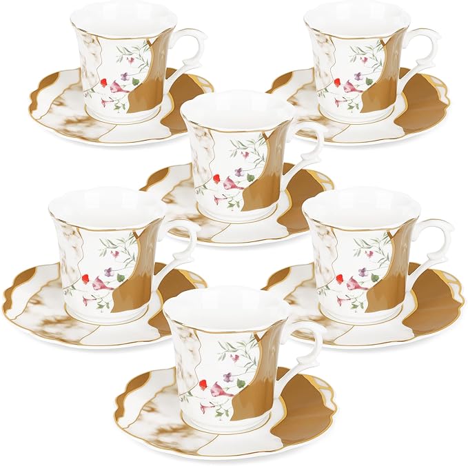 fanquare 2.5 Ounce Demitasse Cup and Saucers, 12 Pieces Ceramic Espresso Cups Set of 6, Brown Marble Pattern Espresso Mugs for Coffee Bar Home