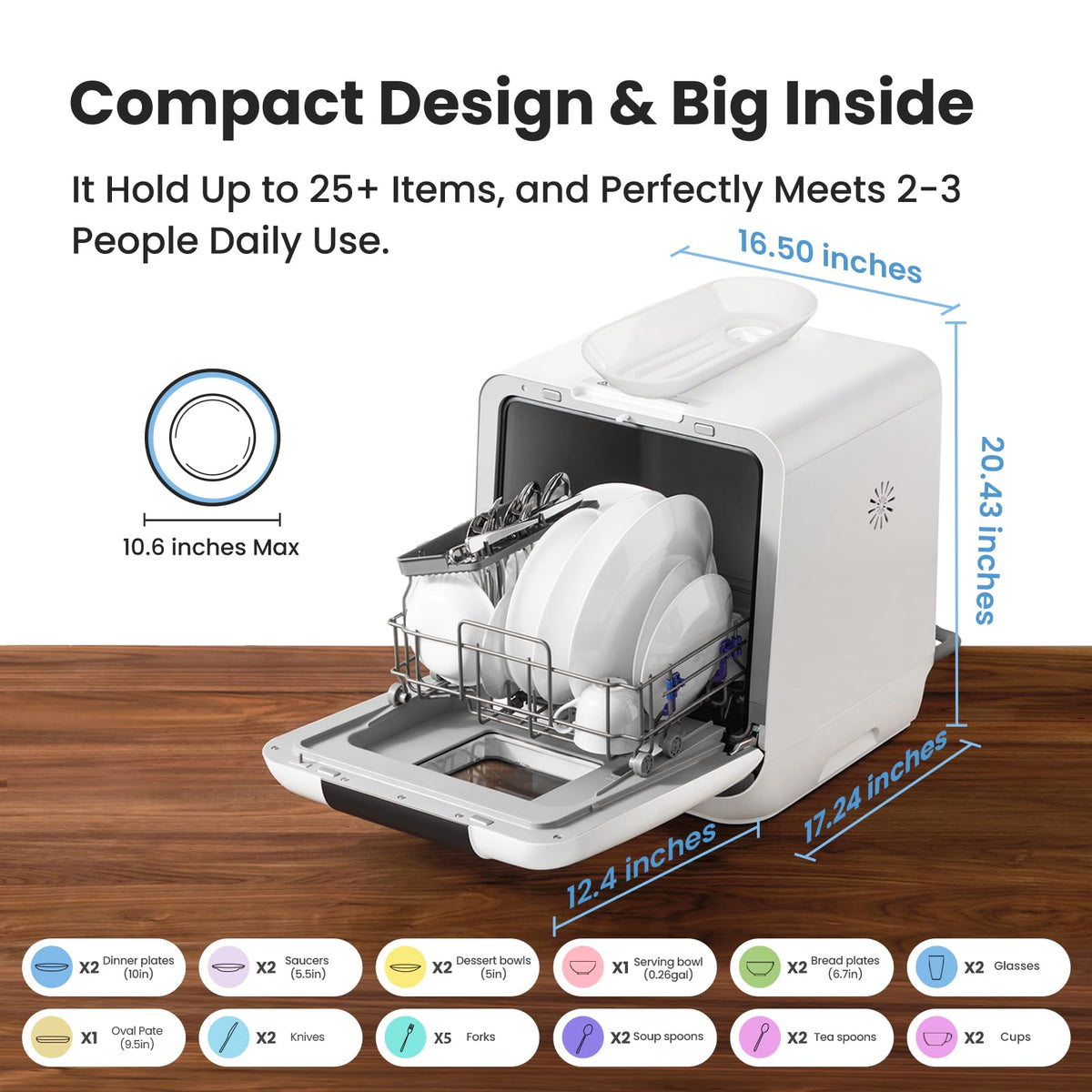 COMFEE' Countertop Dishwasher, Portable Dishwasher with 6L Built-in Water Tank, Mini Dishwasher with More Space Inside, 7 Programs, UV Hygiene& Auto Door Open, for Apartments, Dorms& RVs, White