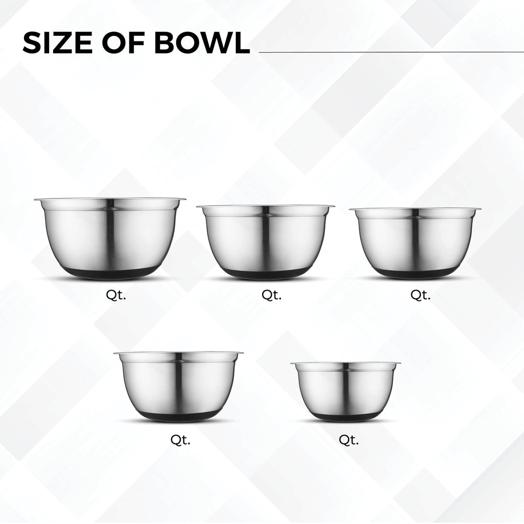 Avador Premium Stainless Steel Mixing Bowls with Lids Non-Slip, Set of 5 Mixing Bowl Set with Silicone Base, Space Saving, Great for Cooking, Baking, Prepping (0.25qt, 1qt, 1.5qt, 3qt, 5qt)
