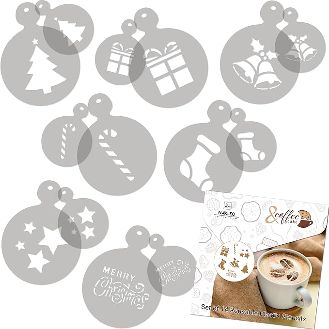NAKLEO Coffee Stencils and Cookies Decoration 14Pcs 2.8”x2.8” and 4.3”x4.3”, Reusable Plastic Baking Templates, Barista DIY Art Craft, Capuccino Latte Chocolate Cake Biscuit