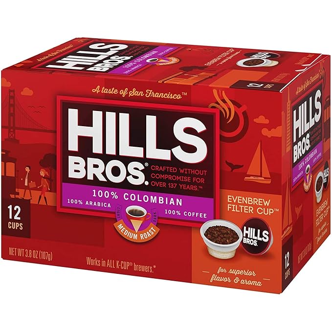 Hills Bros Single Serve Coffee Pods, 100% Colombian Ground Coffee, Medium Roast, 12 Count – Keurig Compatible, Roasted 100% Arabica Beans, Smooth Balanced Flavor