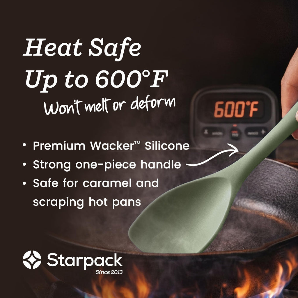 Starpack Stir and Serve Silicone Cooking Utensils Set (5-Piece, 11") - LFGB Non Toxic, 600°F Heat Resistant, BPA-Free - One-Piece Seamless, Dishwasher Safe - for Nonstick Cookware, Sage Green