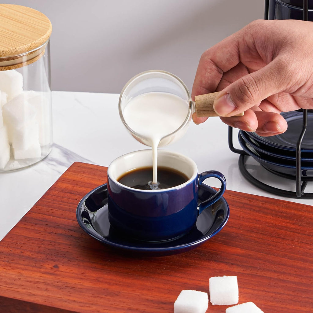 Meichu Cappuccino Cups Set of 4, 8oz Stackable Coffee Cups Set with Saucers and Metal Stand, Blue Coffee Mugs and Saucers for Cappuccino, Latte, Americano and Tea
