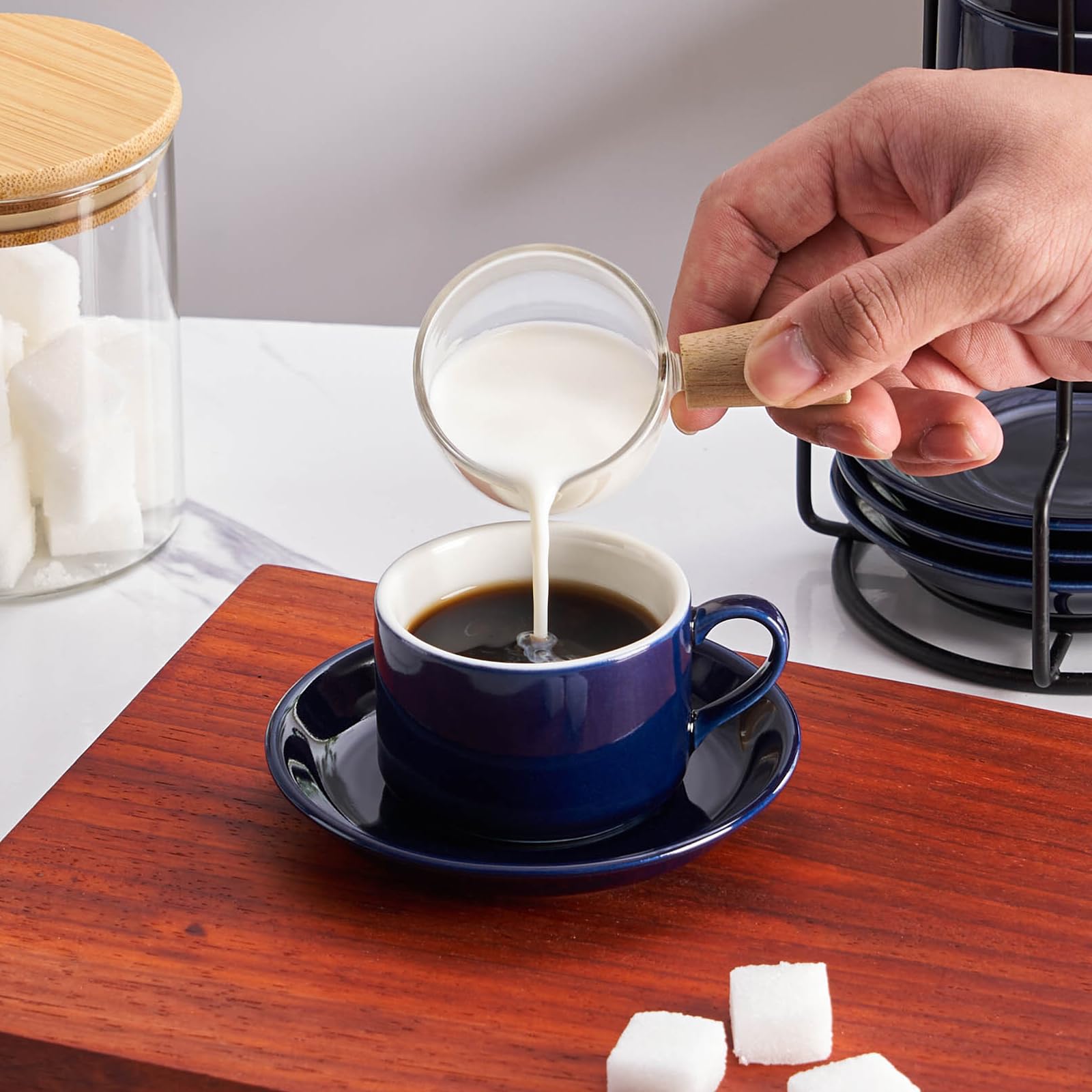Meichu Cappuccino Cups Set of 4, 8oz Stackable Coffee Cups Set with Saucers and Metal Stand, Blue Coffee Mugs and Saucers for Cappuccino, Latte, Americano and Tea