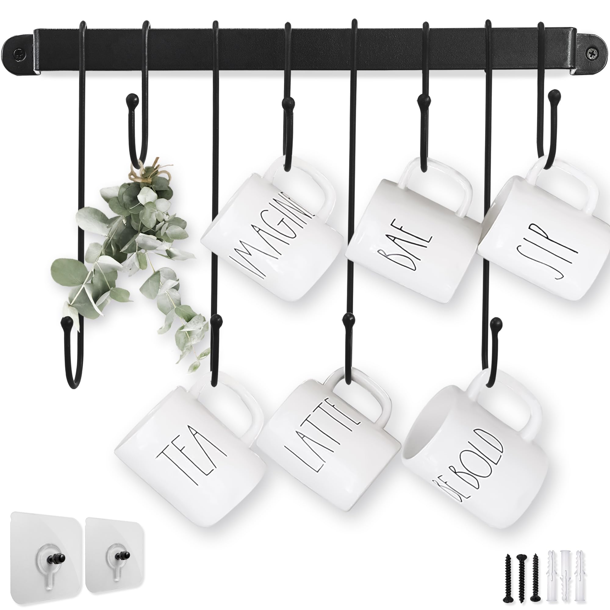 Coffee Cup Holder with 8 Hooks - Screws & Adhesive Strips for Coffee Bar