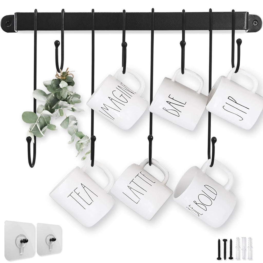 Coffee Cup Holder with 8 Hooks - Screws & Adhesive Strips for Coffee Bar