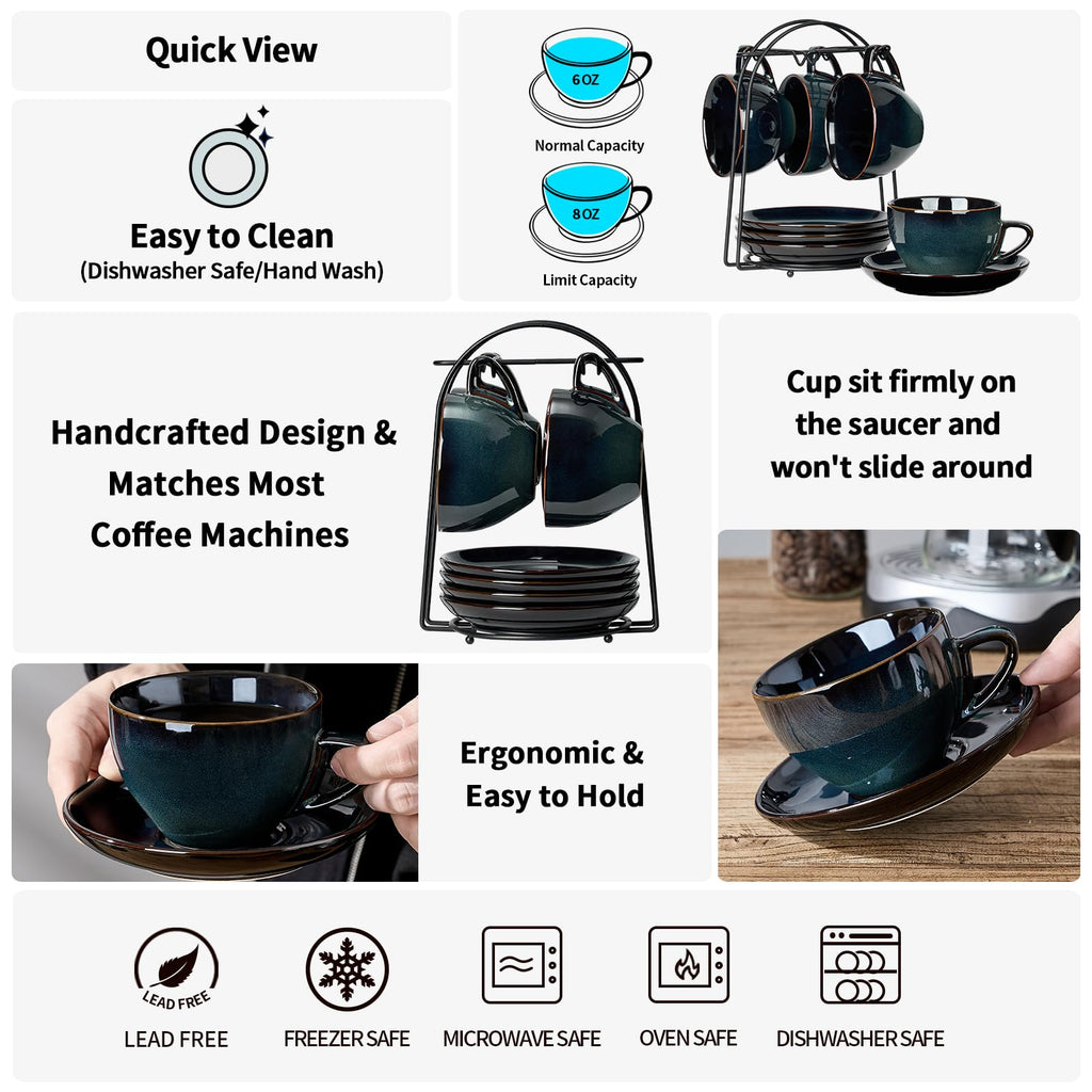 Stackable Cappuccino Cup Set of 4 [8oz] Activated Glazed Ceramic Coffee Cup